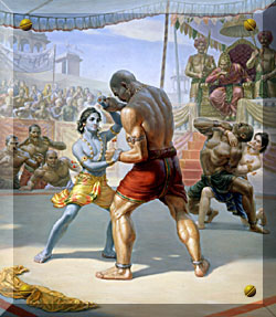 [Krishna and Balarama wrestling in the arena of King Kamsa]