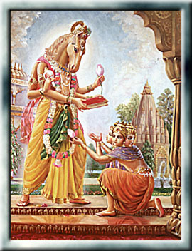 [Lord Hayagriva returning the Vedas to Lord Brahma]