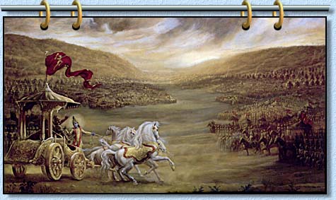 [Lord Krishna drives Arjuna amidst the armies on the battlefield of Kurksetra]