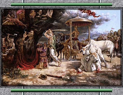 [Pariksit Maharaja about to kill Kali, the personification of sin]