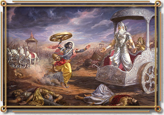 [Lord Krishna rushing towards Bhismadeva, ready to kill him]